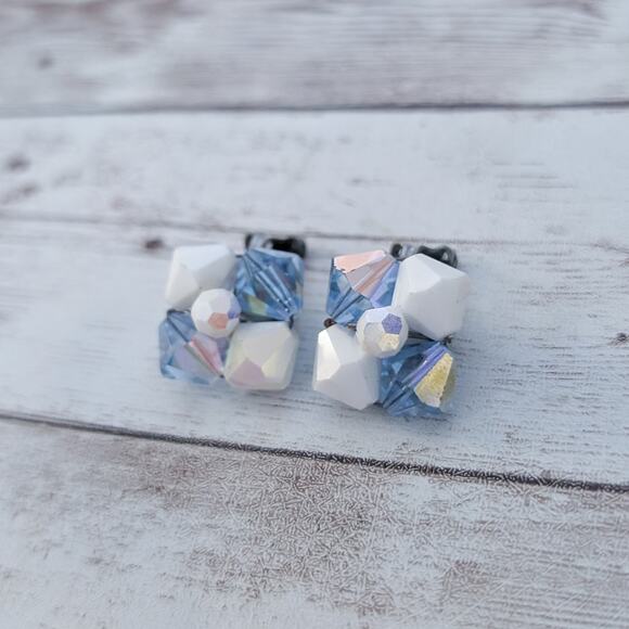 Vintage Clip On Earrings Blue, White, Iridescent - Picture 2 of 5